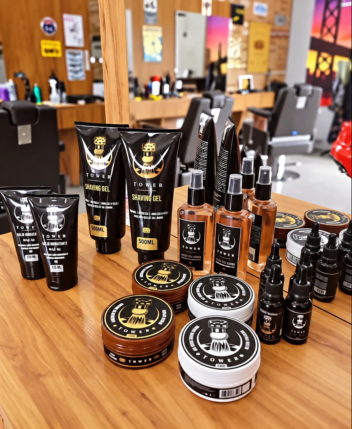 Vitrine de pomadas, óleos e shampoos para barba e cabelo vendidos na barbearia